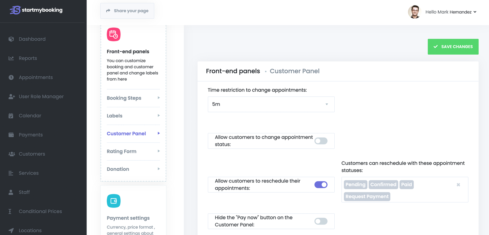 Customer Panel Settings - Startmydetail